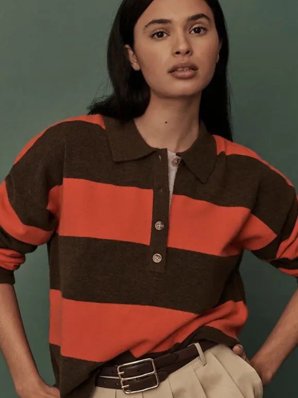 Maeve Striped Rugby Polo Sweater in Orange and Brown